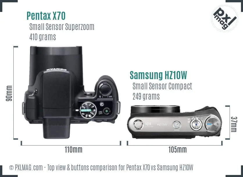 Pentax X70 vs Samsung HZ10W top view buttons comparison