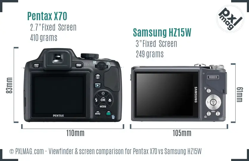 Pentax X70 vs Samsung HZ15W Screen and Viewfinder comparison