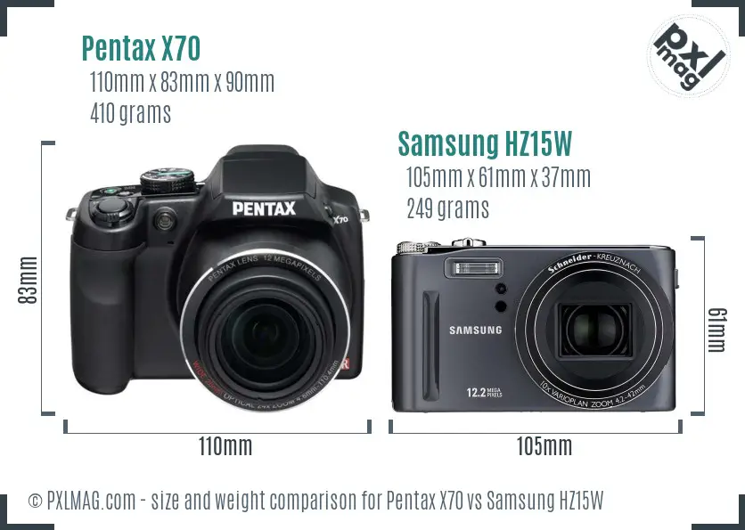 Pentax X70 vs Samsung HZ15W size comparison