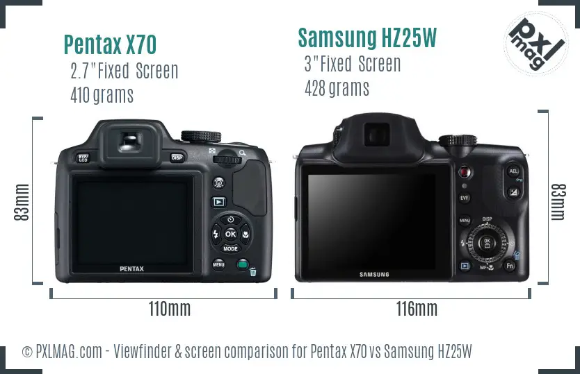 Pentax X70 vs Samsung HZ25W Screen and Viewfinder comparison