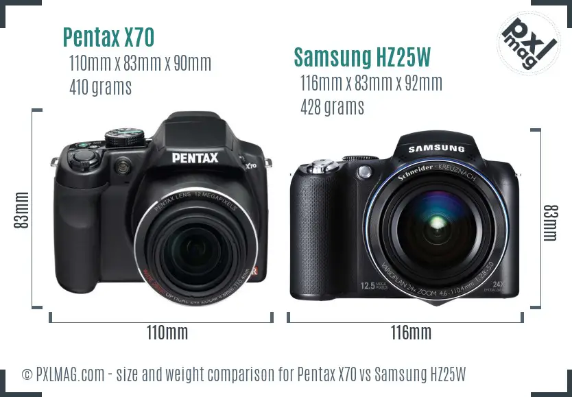 Pentax X70 vs Samsung HZ25W size comparison
