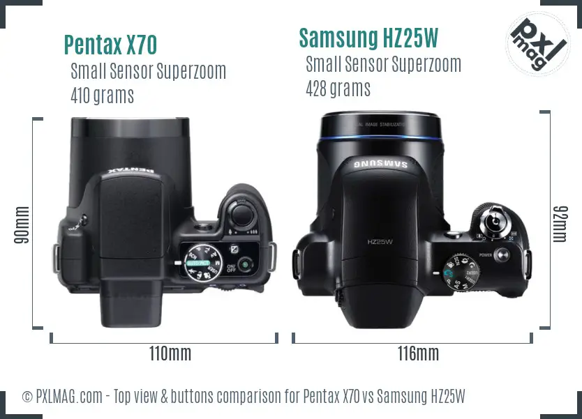 Pentax X70 vs Samsung HZ25W top view buttons comparison