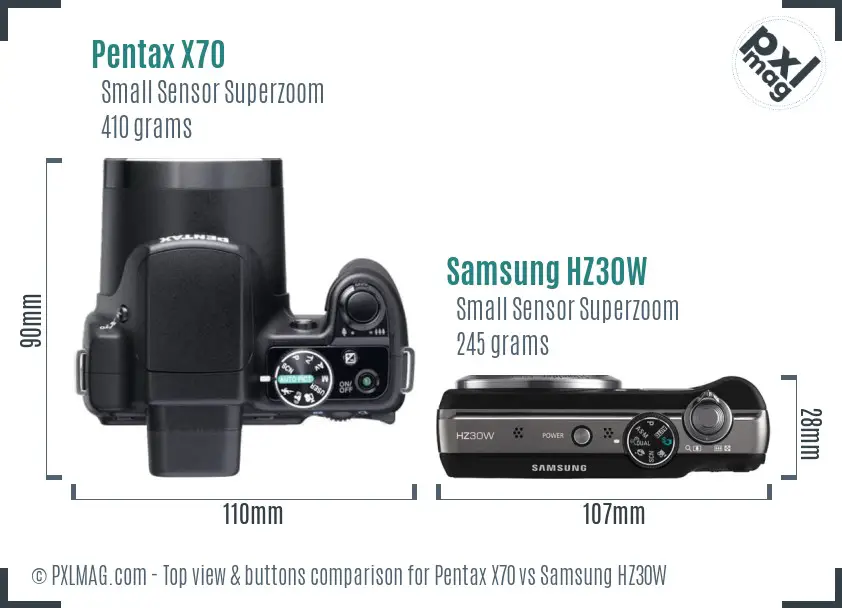 Pentax X70 vs Samsung HZ30W top view buttons comparison