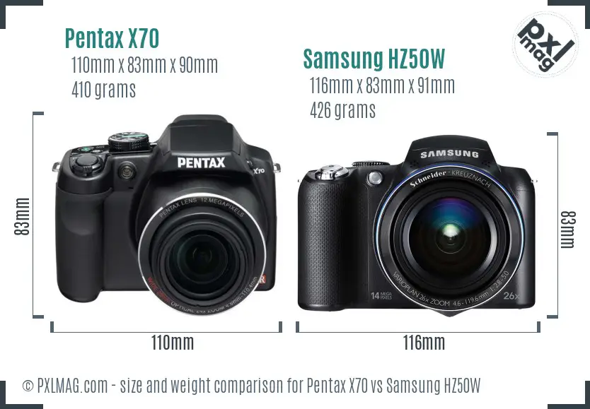 Pentax X70 vs Samsung HZ50W size comparison