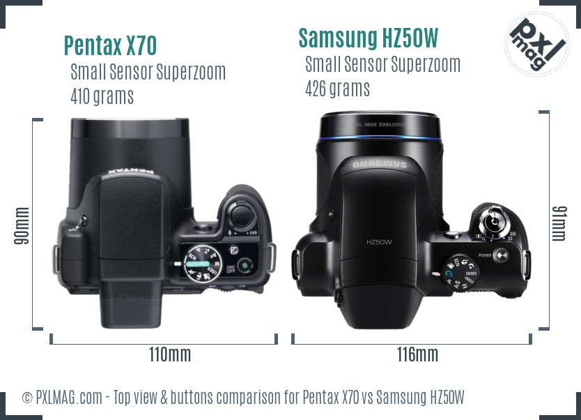 Pentax X70 vs Samsung HZ50W top view buttons comparison