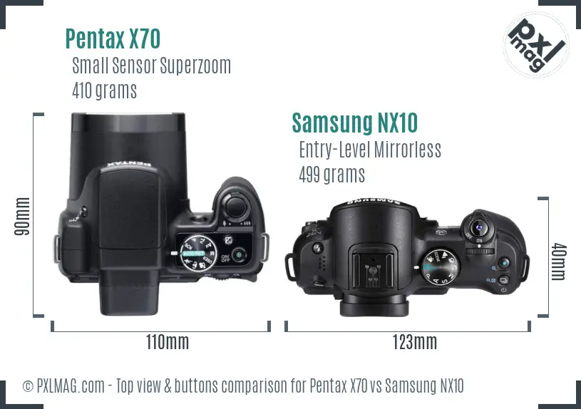 Pentax X70 vs Samsung NX10 top view buttons comparison