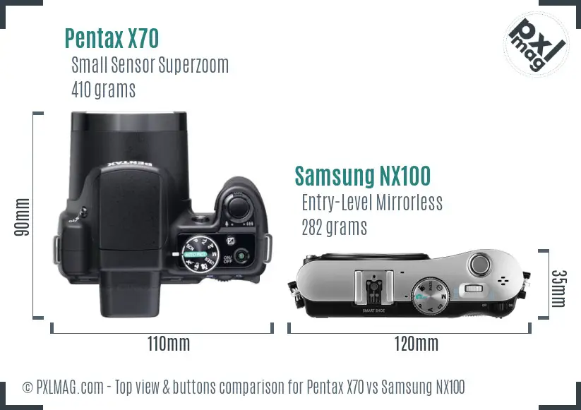 Pentax X70 vs Samsung NX100 top view buttons comparison