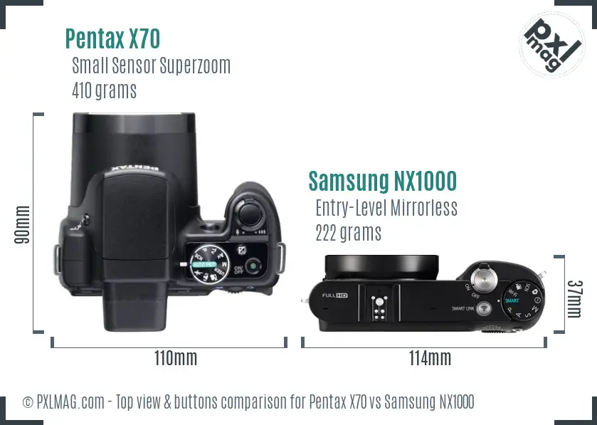 Pentax X70 vs Samsung NX1000 top view buttons comparison