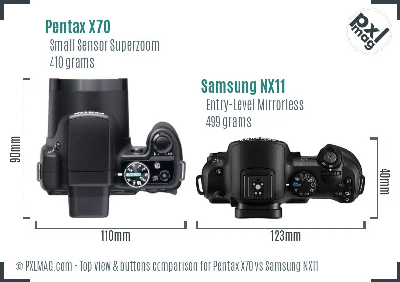 Pentax X70 vs Samsung NX11 top view buttons comparison