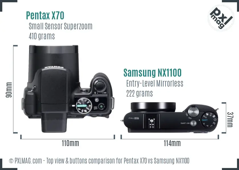 Pentax X70 vs Samsung NX1100 top view buttons comparison
