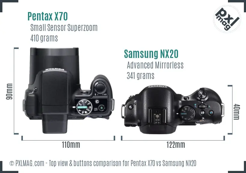 Pentax X70 vs Samsung NX20 top view buttons comparison