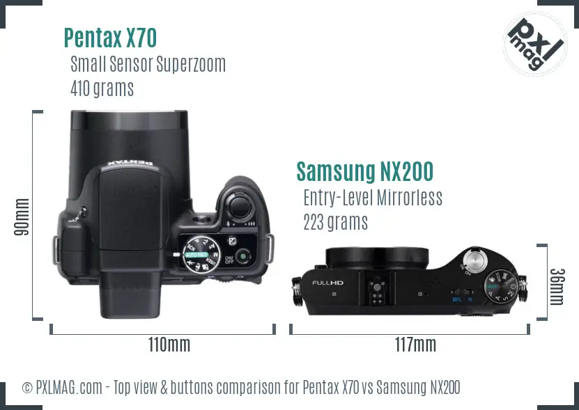 Pentax X70 vs Samsung NX200 top view buttons comparison