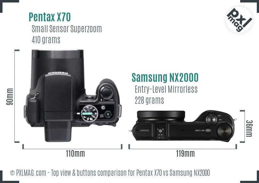 Pentax X70 vs Samsung NX2000 top view buttons comparison