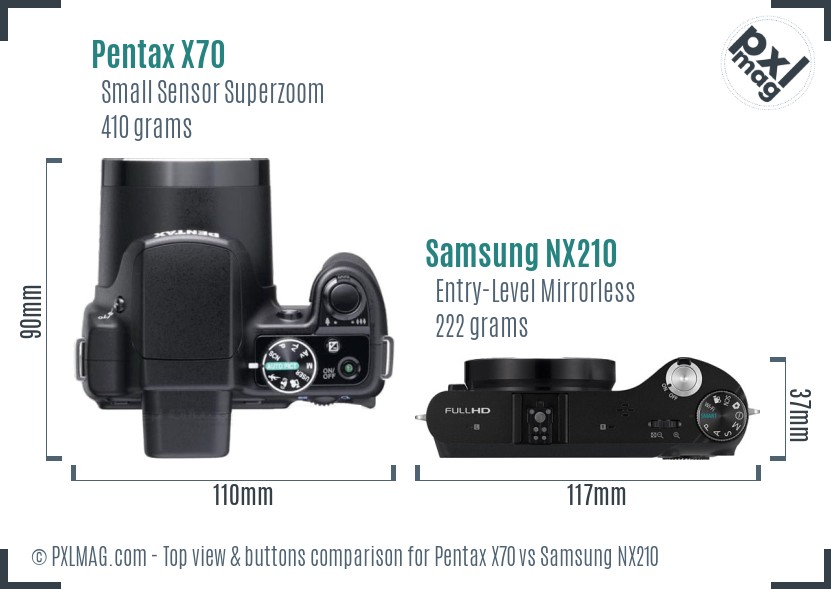 Pentax X70 vs Samsung NX210 top view buttons comparison