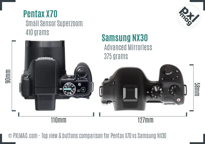 Pentax X70 vs Samsung NX30 top view buttons comparison