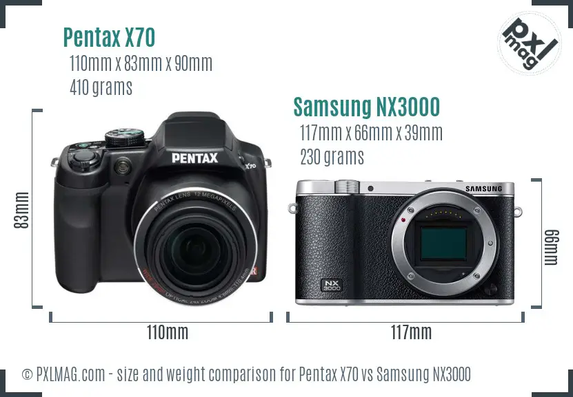 Pentax X70 vs Samsung NX3000 size comparison