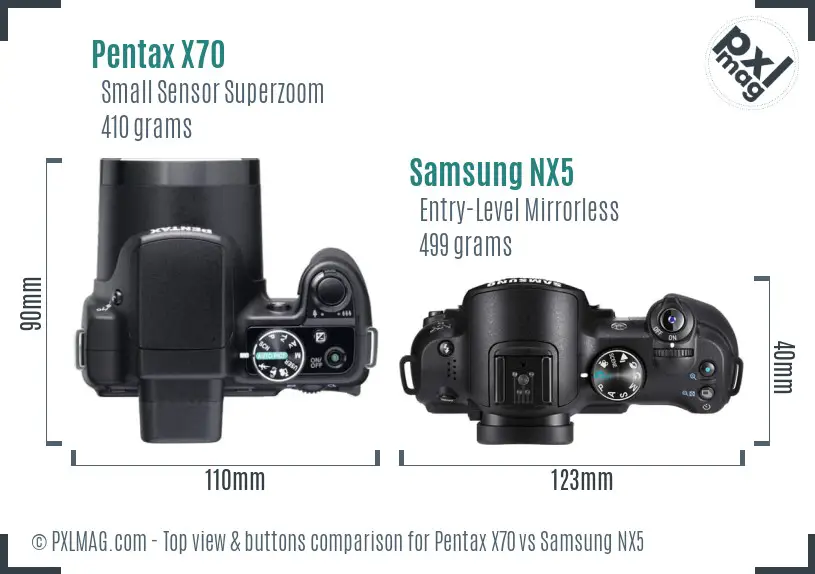 Pentax X70 vs Samsung NX5 top view buttons comparison