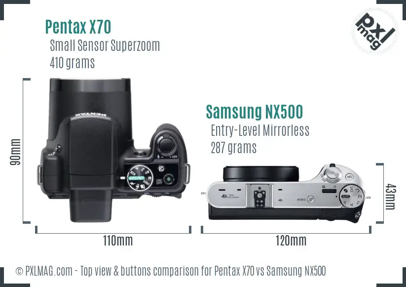 Pentax X70 vs Samsung NX500 top view buttons comparison
