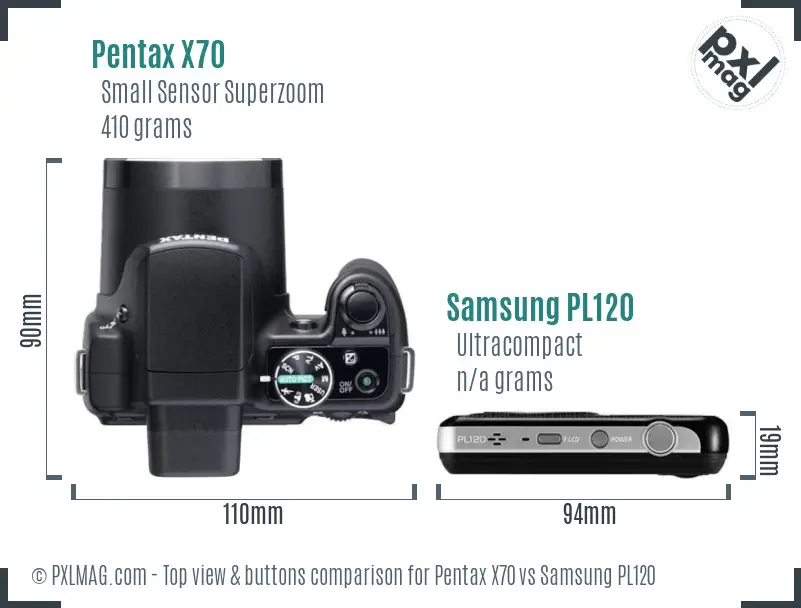 Pentax X70 vs Samsung PL120 top view buttons comparison