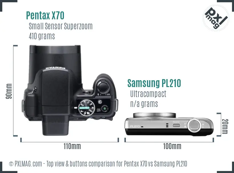 Pentax X70 vs Samsung PL210 top view buttons comparison Pentax X70 vs Samsung PL210 top view buttons comparison