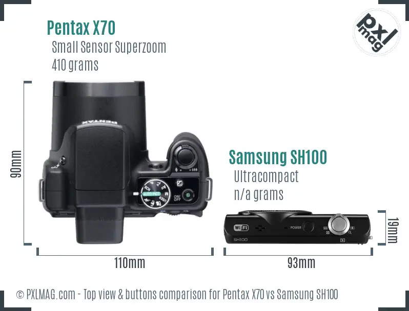 Pentax X70 vs Samsung SH100 top view buttons comparison Pentax X70 vs Samsung SH100 top view buttons comparison