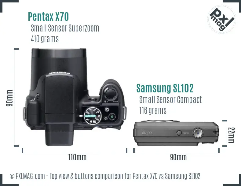 Pentax X70 vs Samsung SL102 top view buttons comparison