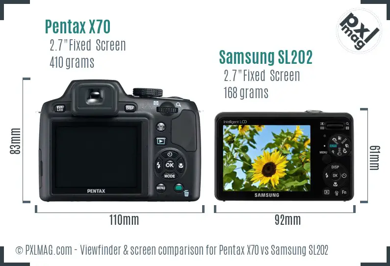 Pentax X70 vs Samsung SL202 Screen and Viewfinder comparison