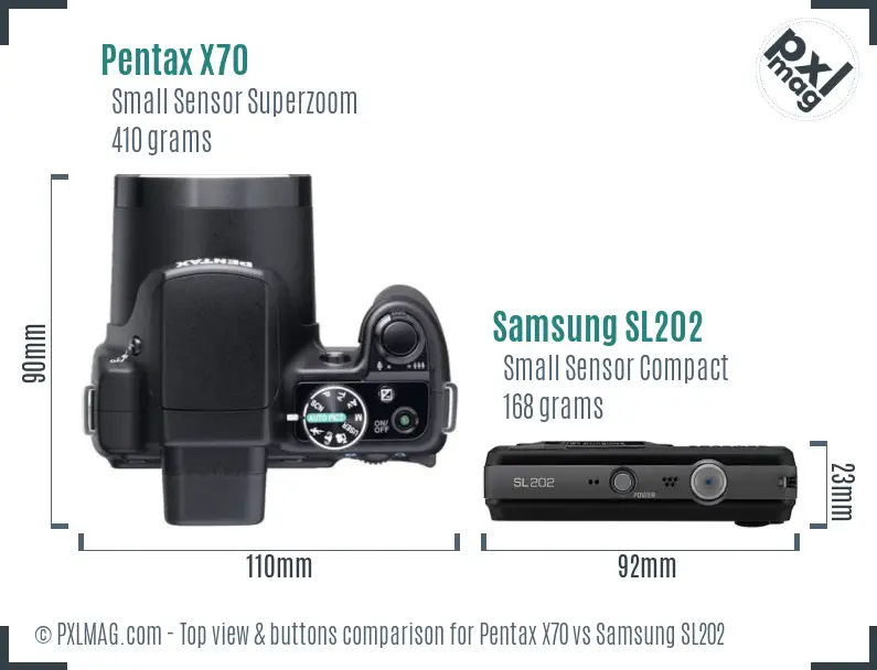 Pentax X70 vs Samsung SL202 top view buttons comparison