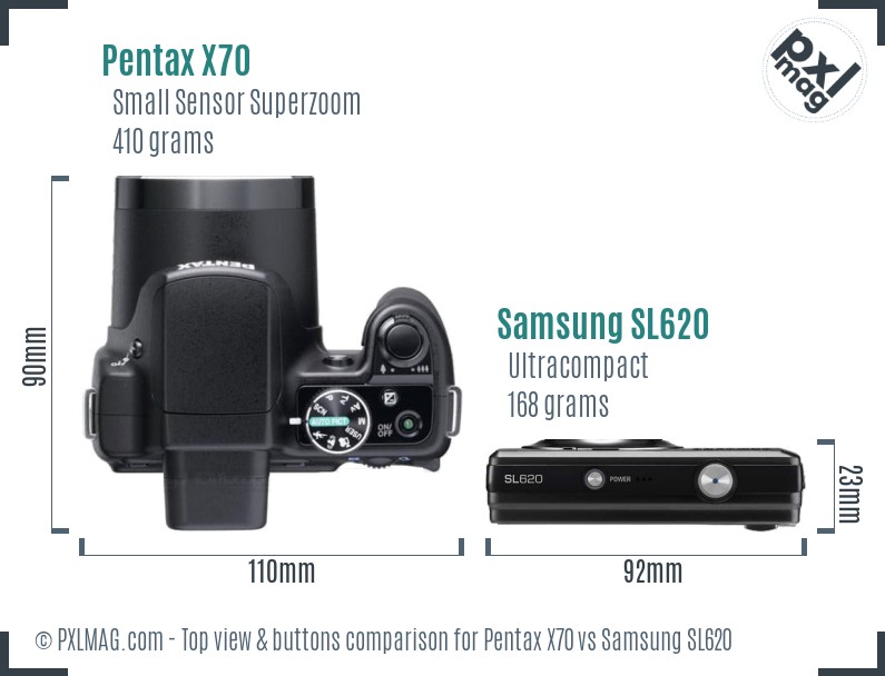 Pentax X70 vs Samsung SL620 top view buttons comparison