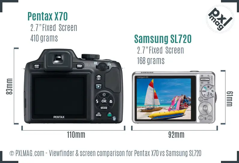 Pentax X70 vs Samsung SL720 Screen and Viewfinder comparison