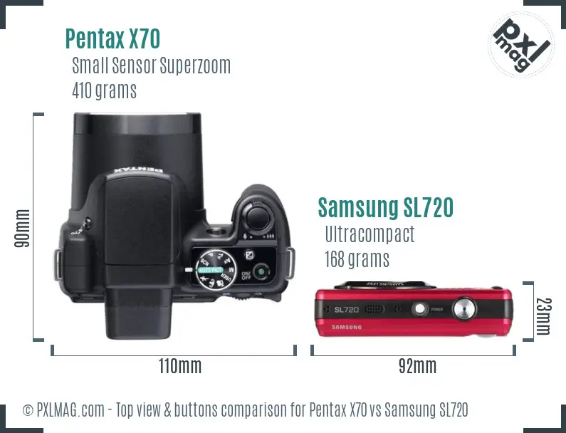 Pentax X70 vs Samsung SL720 top view buttons comparison