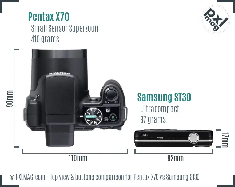 Pentax X70 vs Samsung ST30 top view buttons comparison