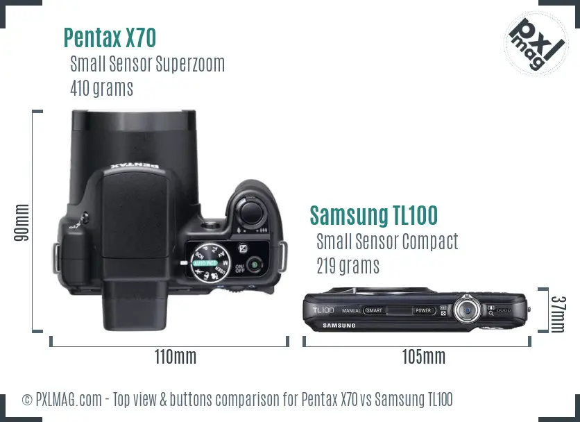 Pentax X70 vs Samsung TL100 top view buttons comparison