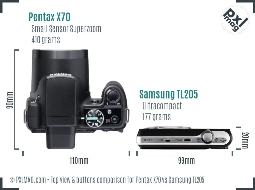 Pentax X70 vs Samsung TL205 top view buttons comparison Pentax X70 vs Samsung TL205 top view buttons comparison