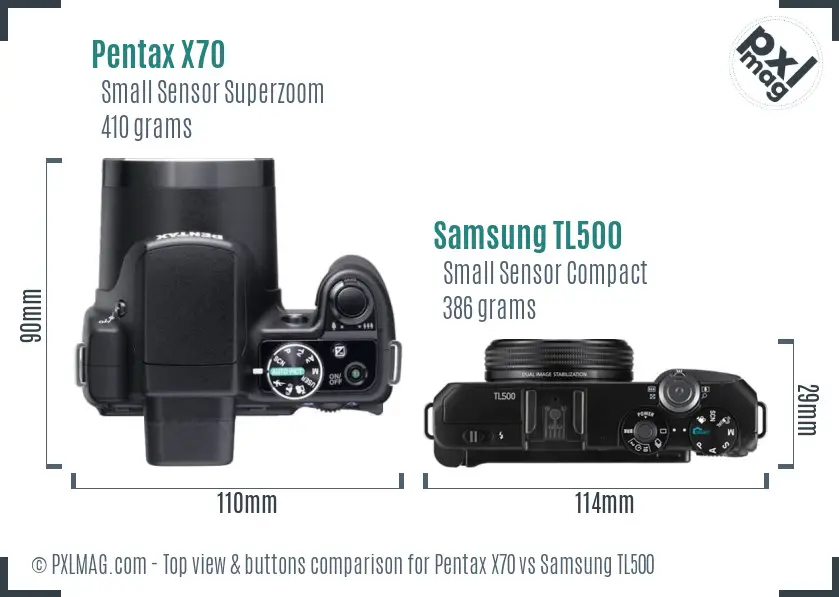 Pentax X70 vs Samsung TL500 top view buttons comparison