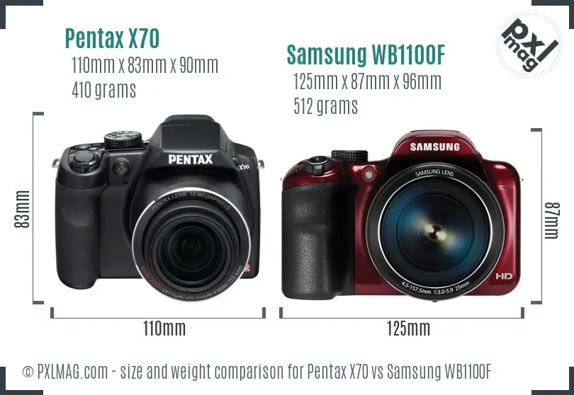 Pentax X70 vs Samsung WB1100F size comparison