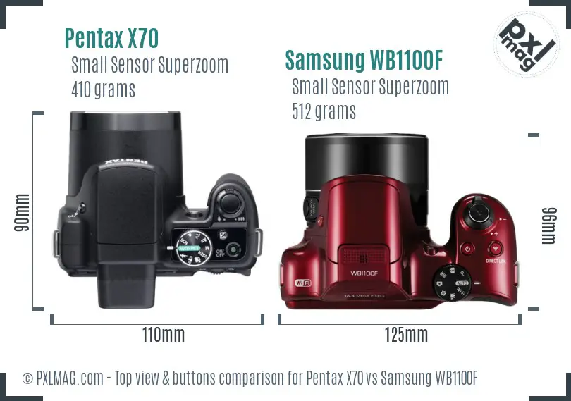 Pentax X70 vs Samsung WB1100F top view buttons comparison