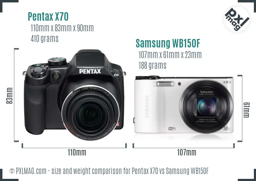 Pentax X70 vs Samsung WB150F size comparison