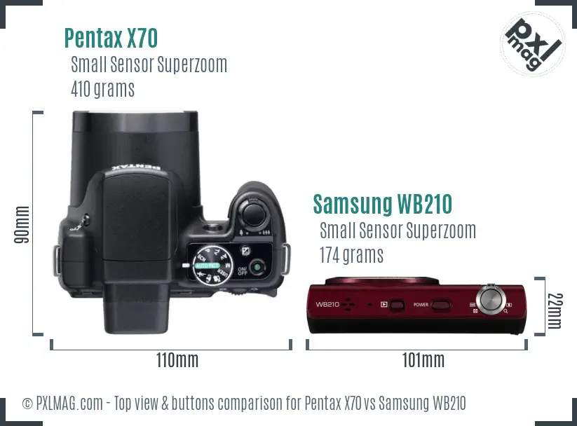 Pentax X70 vs Samsung WB210 top view buttons comparison