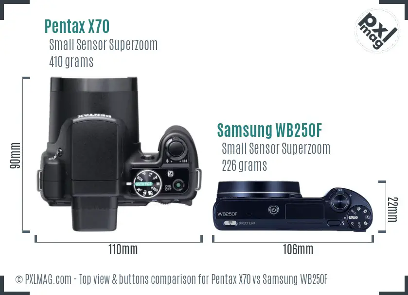 Pentax X70 vs Samsung WB250F top view buttons comparison