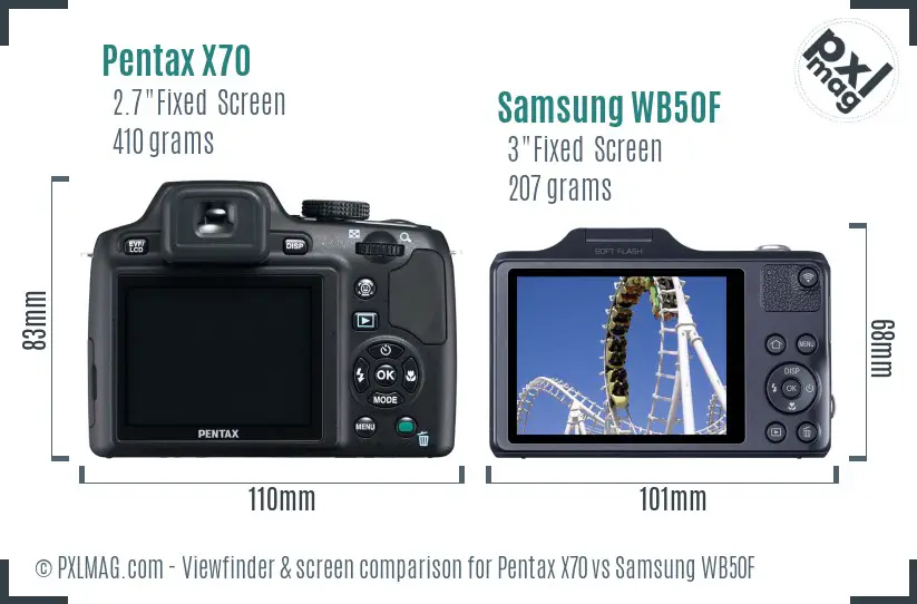 Pentax X70 vs Samsung WB50F Screen and Viewfinder comparison