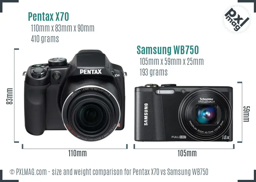 Pentax X70 vs Samsung WB750 size comparison