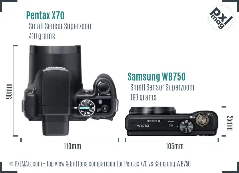 Pentax X70 vs Samsung WB750 top view buttons comparison