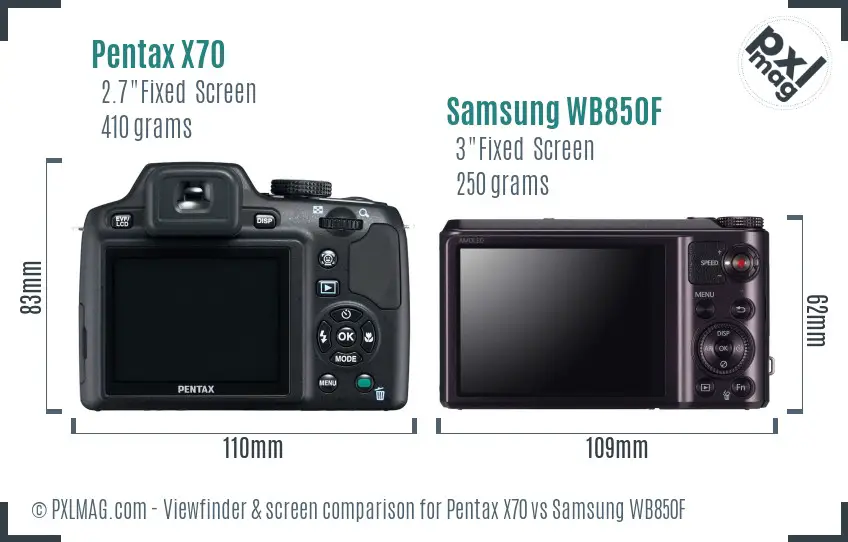 Pentax X70 vs Samsung WB850F Screen and Viewfinder comparison