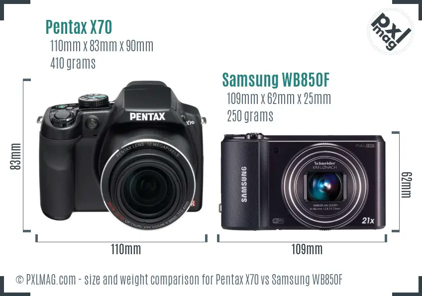 Pentax X70 vs Samsung WB850F size comparison