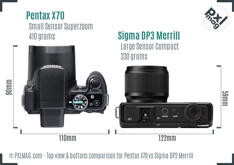 Pentax X70 vs Sigma DP3 Merrill top view buttons comparison