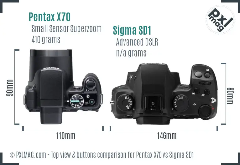 Pentax X70 vs Sigma SD1 top view buttons comparison