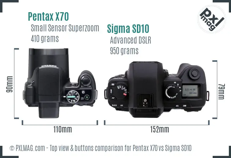 Pentax X70 vs Sigma SD10 top view buttons comparison