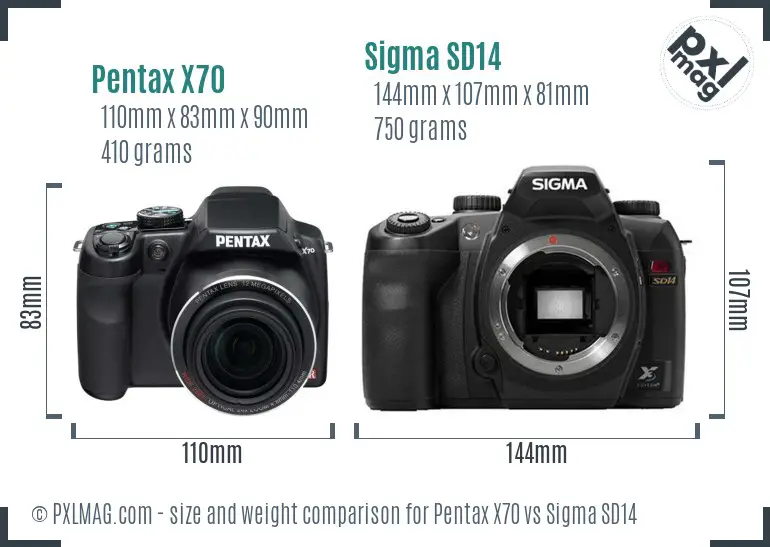 Pentax X70 vs Sigma SD14 size comparison