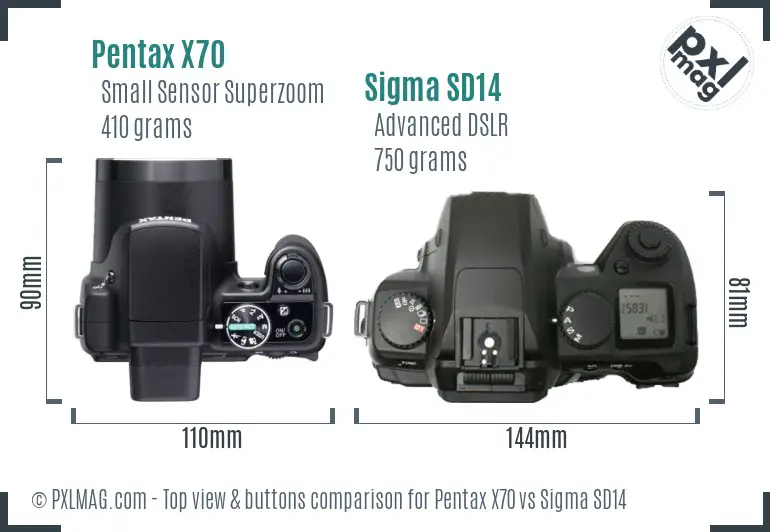 Pentax X70 vs Sigma SD14 top view buttons comparison